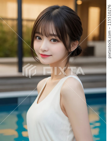 一個長髮女子在泳池裡溫柔地微笑 115510276