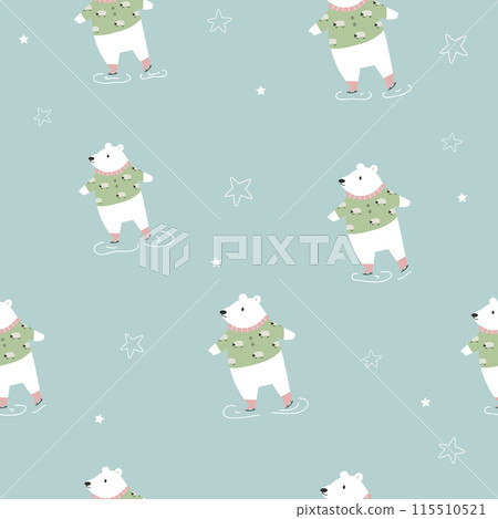 Adorable Christmas seamless pattern with festive polar bears skating on ice 115510521
