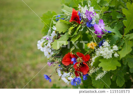 Vibrant Midsummer Floral Wreath. Midsummer, Solstice, day, bouquet, pagan witch traditions. Vibrant Midsummer Floral Wreath. Midsummer, Solstice, day, bouquet, pagan witch traditions. 115510573