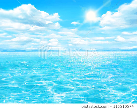 Summer sea and shining sun - beautiful summer beach frame illustration material with blue sky and sea with clouds 115510574