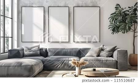 Modern Living Room with Minimalist Decor and Framed Art Modern Living Room with Minimalist Decor and Framed Art 115510687
