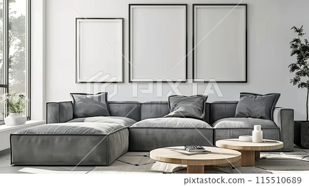 Modern Living Room with Minimalist Decor and Framed Art Modern Living Room with Minimalist Decor and Framed Art 115510689