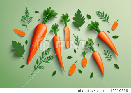 Juicy ripe flying carrot vegetables and green leaves isolated on pastel green background. Juicy ripe flying carrot vegetables and green leaves isolated on pastel green background. 115510818