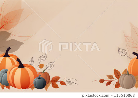 Thanksgiving halloween border frame background template, pumpkins and fall leaves on a beige background. 115510868