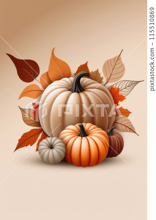 Thanksgiving halloween border frame background template, pumpkins and fall leaves on a beige background. 115510869