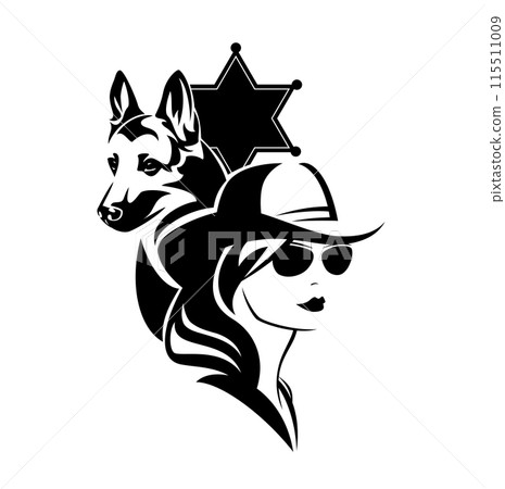 vector portrait of woman sheriff wearing sunglasses and cowboy hat with her shepherd dog and badge 115511009