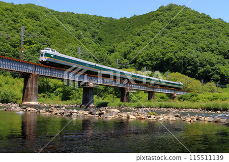 Fresh greenery on the Takahashi River and the Hakubi Line Limited Express Yakumo: 381 Series Train (Okayama ⇔ Izumo City) 115511139