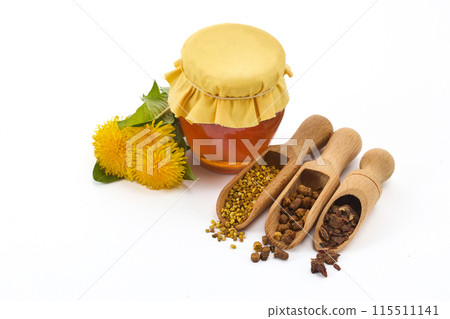 Honey Jar and Spices with Dandelion Flowers 115511141