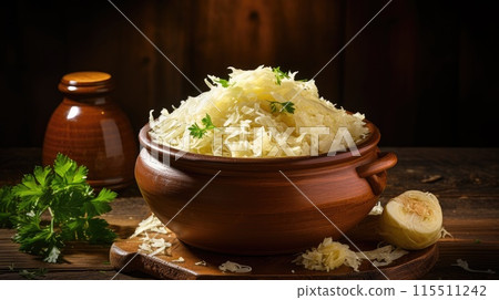 Delicious homemade sauerkraut, pickled cabbage.- 115511242