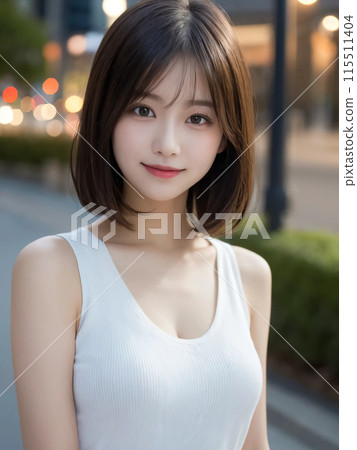 A medium-haired woman smiling gently on the street A medium-haired woman smiling gently on the street 115511404