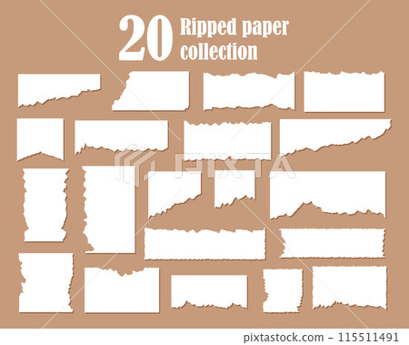 A variety of torn paper pieces scattered on a brown surface A variety of torn paper pieces scattered on a brown surface 115511491
