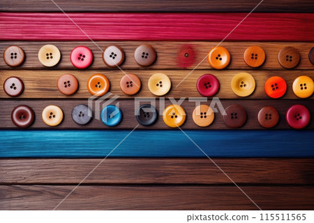 Collection of different multi colored buttons on wood 115511565