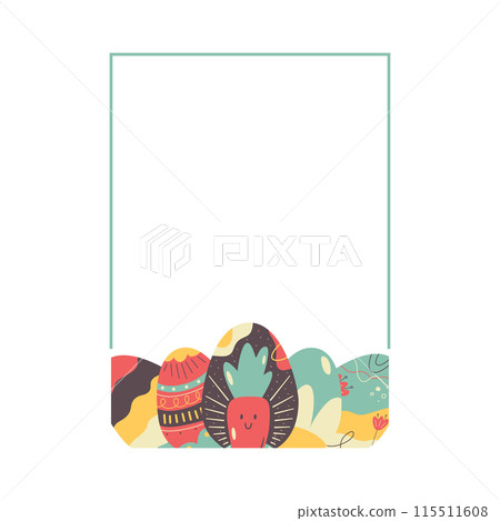 Easter egg rectangle frame design. Easter holiday egg hunt border in colorful flat style with ornaments and free space for text. Retro wreath. Stock vector illustration card 115511608