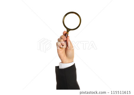 PNG, Male hand with magnifying glass, isolated on white background 115511615