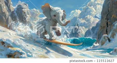 baby elephant surfs a large wave in a fantasy landscape, with rocky cliffs and white fluffy clouds in the background. 115511627