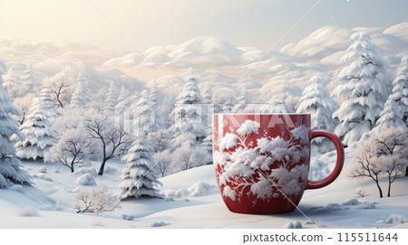 Decorated christmas coffee mug with winter forest landscape and snow. 115511644