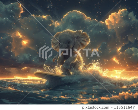 small elephant rides a surfboard through a stormy sea, illuminated by a beautiful golden sunset. 115511647
