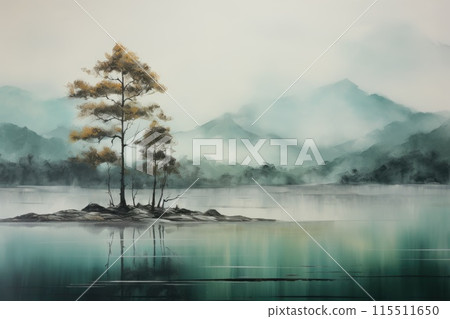 Morning mist rises from lake into trees. Beautiful scenery landscape. 115511650