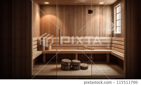 Front view of empty Finnish sauna room. Modern interior of wooden spa cabin with dry steam. 115511700