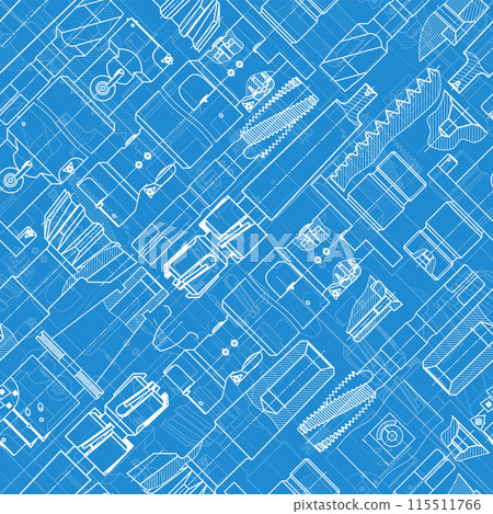 Mechanical engineering drawings on blue background. Tap tools, borer. Technical Design. Cover. Blueprint. Seamless pattern. Vector illustration. Mechanical engineering drawings on blue background. Tap tools, borer. Technical Design. Cover. Blueprint. Seamless pattern. Vector illustration. 115511766