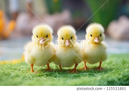 Cute fluffy duckling on green grass outdoors. Generative AI 115511801