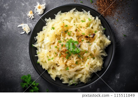 Delicious homemade sauerkraut, pickled cabbage.- 115511849