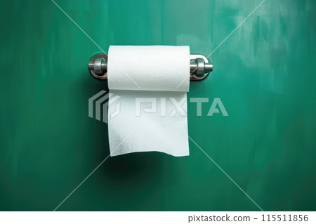 A white roll of soft toilet paper neatly hanging on a modern chrome holder. 115511856