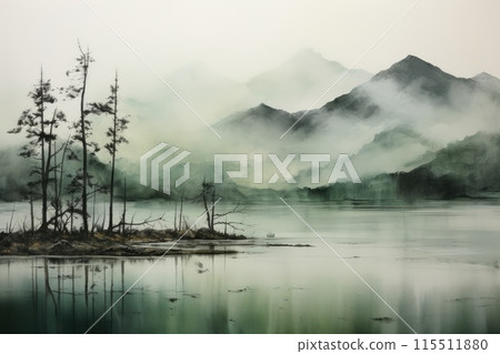 Morning mist rises from lake into trees. Beautiful scenery landscape. 115511880