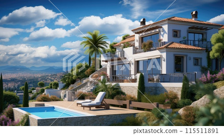Beautiful contemporary white house and blue sky. 115511891