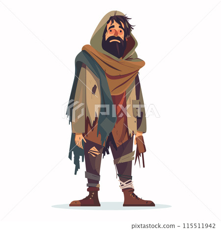 Homeless man looks destitute, disheveled beard tattered clothes sad expression. Wanderer tired standing alone weary cloak boots ragged appearance isolated background. Beggar poor state melancholic Homeless man looks destitute, disheveled beard tattered clothes sad expression. Wanderer tired standing alone weary cloak boots ragged appearance isolated background. Beggar poor state melancholic 115511942