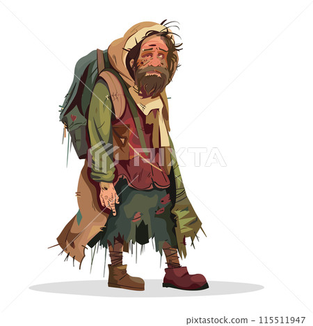 Homeless man looking tired disheveled, carrying backpack, wearing ragged clothing. Male cartoon character beard injuries, appearing need help, standing isolated. Distressed wanderer illustration Homeless man looking tired disheveled, carrying backpack, wearing ragged clothing. Male cartoon character beard injuries, appearing need help, standing isolated. Distressed wanderer illustration 115511947