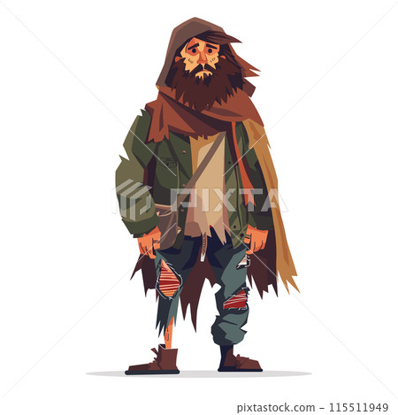 Homeless man vector illustration, standing, ragged clothing, beard, tired expression. Cartoon male beggar, tattered jacket, boots, disheveled look, isolated Fictional character downtrodden Homeless man vector illustration, standing, ragged clothing, beard, tired expression. Cartoon male beggar, tattered jacket, boots, disheveled look, isolated Fictional character downtrodden 115511949