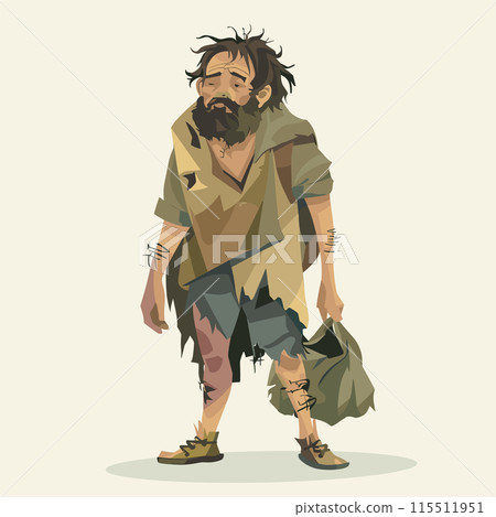 Illustration presents disheveled man wandering, tattered clothes evident hardship. Man appears homeless, exhausted, carrying belongings bag, sadness demeanor. Art style dramatizes struggles poverty 115511951