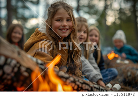Joyful Children Around Campfire in Forest 115511978