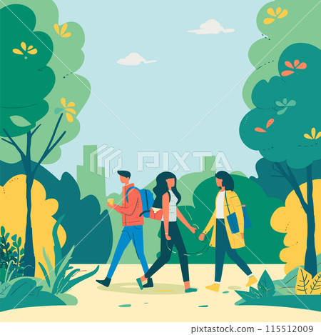 Three people walking through city park, surrounded lush greenery skyline background. Young adults, two females one male, enjoy sunny day outdoors, dressed casual attire. Male carries backpack 115512009