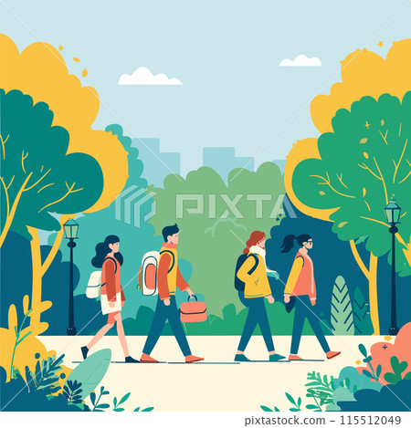 Four young adults walking through park, two male, two female, casual attire, daytime scene. Diverse group strolls past trees, cityscape background, peaceful atmosphere. Commuters backpacks, one Four young adults walking through park, two male, two female, casual attire, daytime scene. Diverse group strolls past trees, cityscape background, peaceful atmosphere. Commuters backpacks, one 115512049