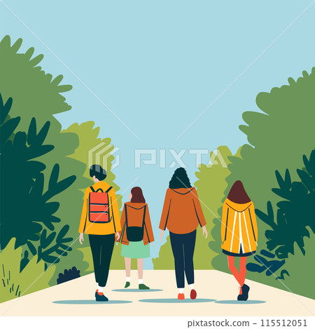 Family walking through park, two adults two children, casual clothing. Adults carrying backpacks, child orange hoodie, scenic greenery. Young group enjoys leisure walk, clear sunny day, tranquil Family walking through park, two adults two children, casual clothing. Adults carrying backpacks, child orange hoodie, scenic greenery. Young group enjoys leisure walk, clear sunny day, tranquil 115512051