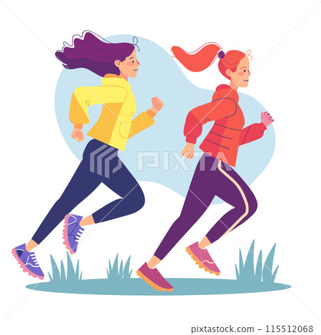 Two women jogging outdoors, healthy lifestyle concept. One has dark hair, yellow jacket, blue pants, redhead, red jacket, purple pants. Both wear running shoes, active movement, joyful expressions Two women jogging outdoors, healthy lifestyle concept. One has dark hair, yellow jacket, blue pants, redhead, red jacket, purple pants. Both wear running shoes, active movement, joyful expressions 115512068