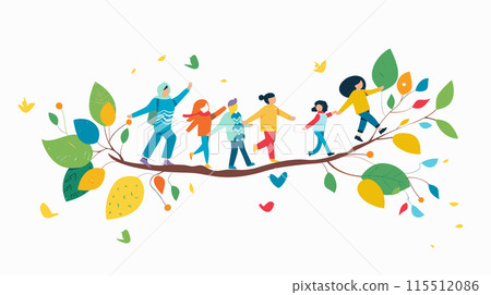 Diverse group balances tree branch, colorful leaves falling around them. Multicultural children engage playful balancing act outdoors. Cartoon illustration friends playing together, nature joy 115512086