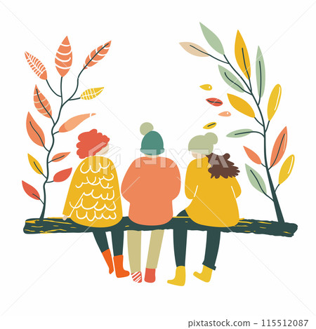 Three friends sitting together bench autumn season chatting casual wear. Back view women enjoy fall talking peaceful friendship bonding. Colorful leaves surround group females outdoor relaxation 115512087