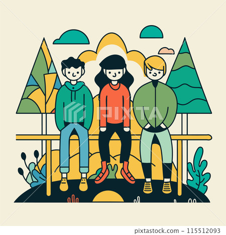 Three young friends sitting bench park, sunny day, casual wear, smiling faces, multicultural group. Park scene stylized trees, bushes, sun, clouds, simple shapes, colorful. Flat design vector Three young friends sitting bench park, sunny day, casual wear, smiling faces, multicultural group. Park scene stylized trees, bushes, sun, clouds, simple shapes, colorful. Flat design vector 115512093
