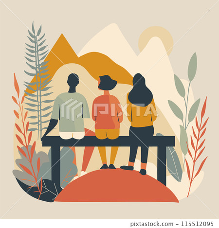 Three individuals seated bench, overlooking mountains. Casual outdoor scene, friends enjoying nature. Warm color palette, abstract nature backdrop Three individuals seated bench, overlooking mountains. Casual outdoor scene, friends enjoying nature. Warm color palette, abstract nature backdrop 115512095