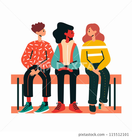 Three friends sitting bench, casual clothing, modern youthful style, diverse group, relaxed posture, colorful attire, cartoon. People waiting, public seating, urban environment, stylized characters 115512101