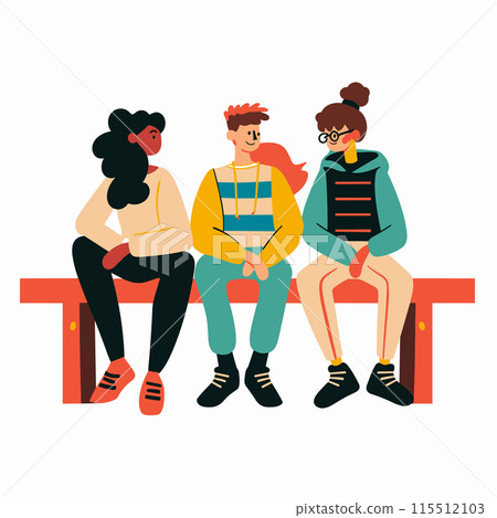 Three diverse young adults sit bench, leisurely hanging out, reflecting casual urban life. Multiethnic group friends chatting, enjoying others company, showcasing contemporary youth culture. Bench Three diverse young adults sit bench, leisurely hanging out, reflecting casual urban life. Multiethnic group friends chatting, enjoying others company, showcasing contemporary youth culture. Bench 115512103