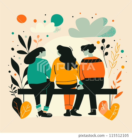 Three young people sitting bench surrounded plants. Friends enjoying outdoor conversation, casual attire, autumn vibe. Cheerful group stylized illustration, diverse, modern design 115512105