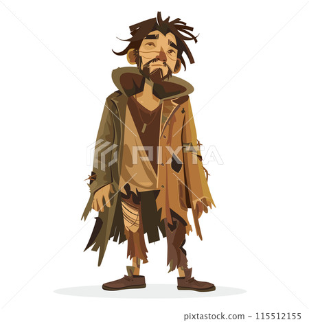 Illustration homeless man standing, looking tired disheveled. Beard, mustache, unkempt hair, tattered brown coat, patched trousers. Sad male character, poverty, social issue theme Illustration homeless man standing, looking tired disheveled. Beard, mustache, unkempt hair, tattered brown coat, patched trousers. Sad male character, poverty, social issue theme 115512155
