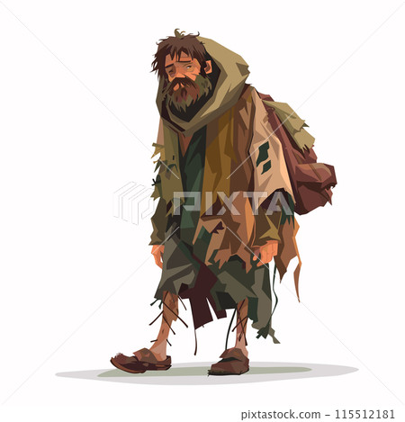 Homeless man walking, weary expression, looking down, wearing tattered layers, need assistance. Depressed male ragged clothing, beard, sandals, hooded figure needing help. Disheveled person Homeless man walking, weary expression, looking down, wearing tattered layers, need assistance. Depressed male ragged clothing, beard, sandals, hooded figure needing help. Disheveled person 115512181