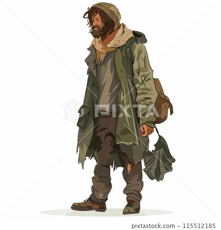 Homeless man walking, despair visible slumped posture tired gait. Weathered coat, tattered clothes suggest prolonged outdoor living. Heavy beard, layered rags hint lack resources 115512185