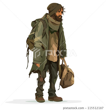 Homeless man standing alone, tattered clothes, disheveled bearded male carrying bag. Worn out boots, unshaven face, rugged look vagabond wanderer. Drifter weary expression, life poverty, struggle 115512187
