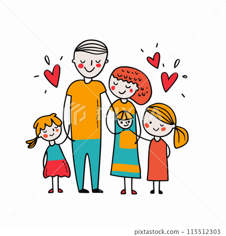 Happy family smiling together, four members including father, mother, two little daughters, colorful clothing, hearts floating, love, joyful cartoon characters. Cartoon family standing close 115512303